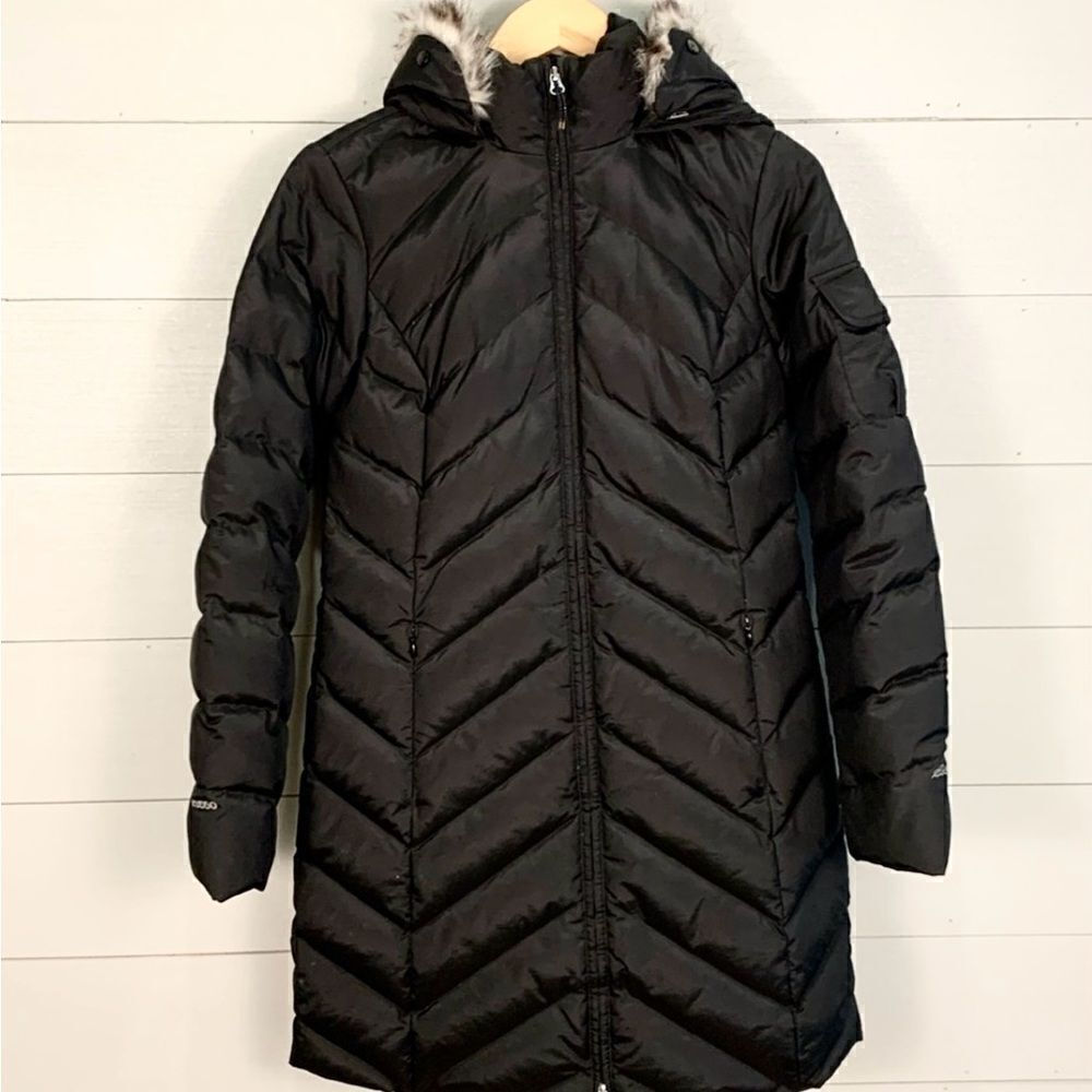 Eddie Bauer down filled puffer black fur trimmed hooded parka women’s size XS